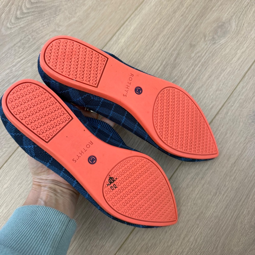 Rothys The Point Navy Blue Plaid Pointed Toe Flats Neon Orange Sole Womens 6.5 - Picture 5 of 8
